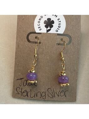 Jade Gemstone Earrings, Purple, Gold Over Sterling Silver, Flower